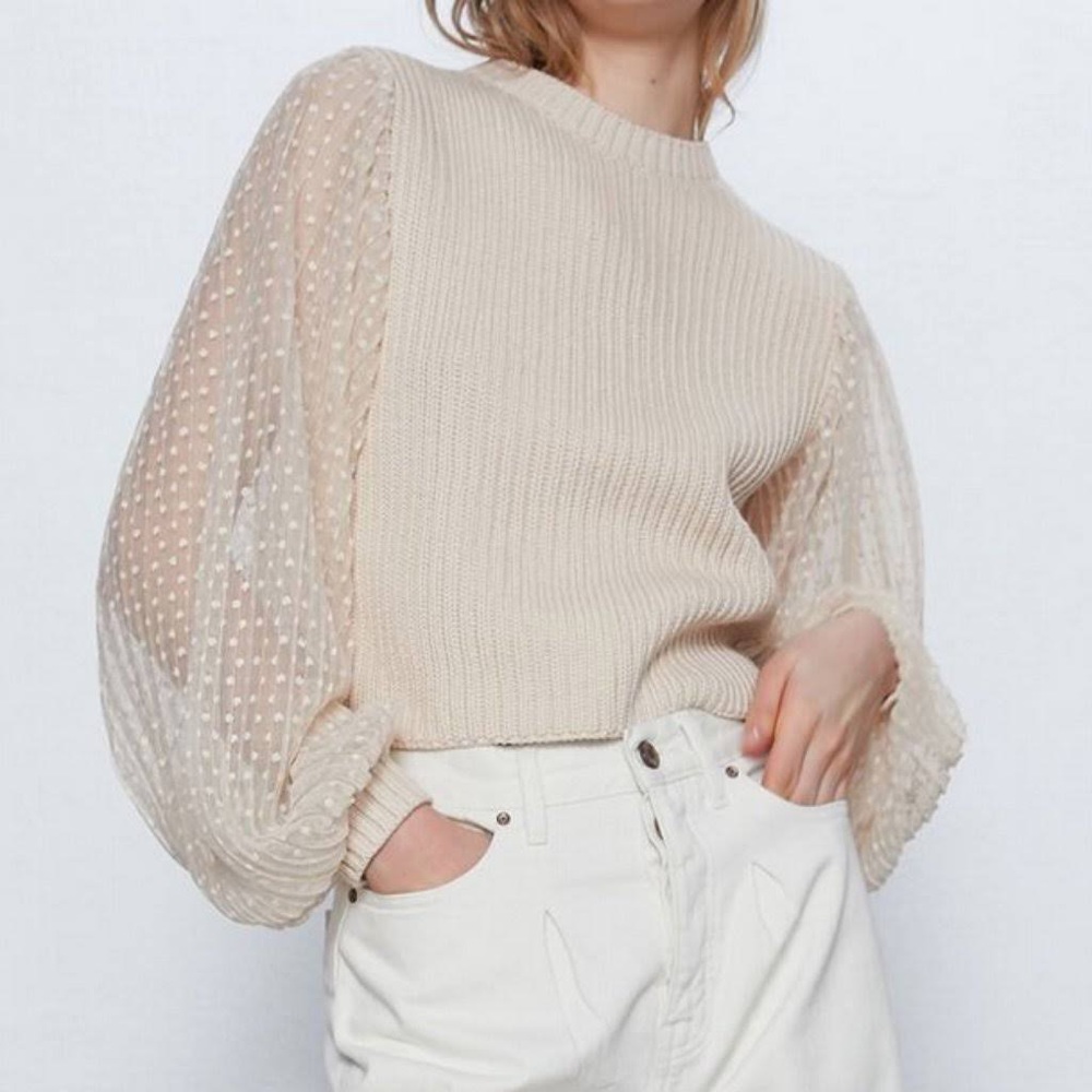 Zara knit cream sweater with mesh pleat dotted balloon sleeves